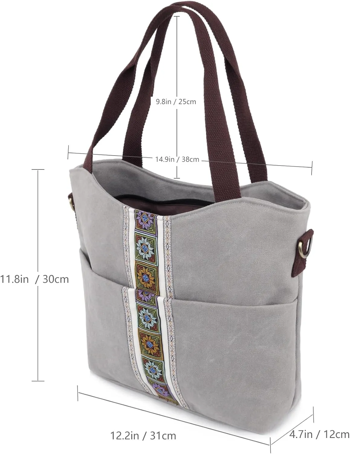 SILKAREA Women's Canvas Large Tote Bag Embroidered Shoulder Bag Multi Pocket Crossbody Bag Top Handle Bag Handbag Hobo Purse