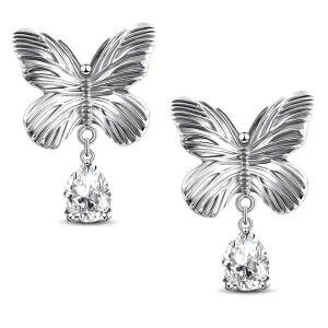 Silver Butterfly Earrings-925 Sterling Silver Post Stud Earrings Cute Butterfly Earrings for Women Dangle Cubic Zirconia Earrings for Women Teardrop Earrings for Women