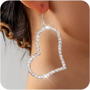 Silver Rhinestone Heart Earrings Sparkly Dangle Earrings for Women Crystal Statement Drop Earrings Bar Disco Prom Earrings Valentine Wedding Jewelry