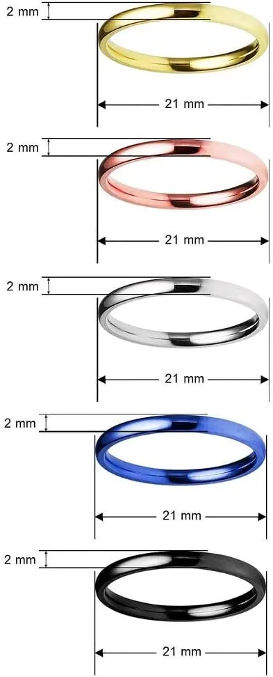 SILVERLINE JEWELRY Stackable 5 Piece Set 2mm Stainless Steel Ring Silver/Rose/Gold/Blue/Black Tone Comfort Fit Wedding Band Sizes 5-12