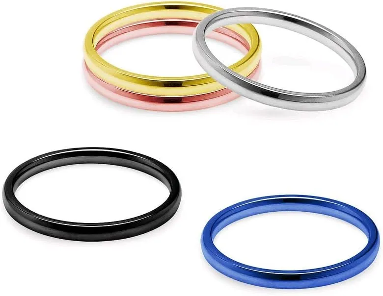 SILVERLINE JEWELRY Stackable 5 Piece Set 2mm Stainless Steel Ring Silver/Rose/Gold/Blue/Black Tone Comfort Fit Wedding Band Sizes 5-12