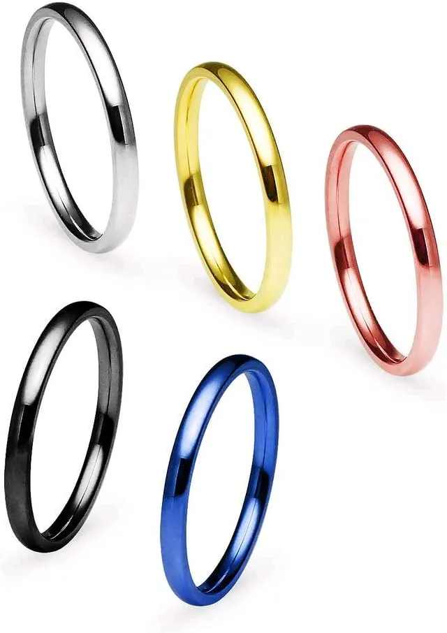 SILVERLINE JEWELRY Stackable 5 Piece Set 2mm Stainless Steel Ring Silver/Rose/Gold/Blue/Black Tone Comfort Fit Wedding Band Sizes 5-12