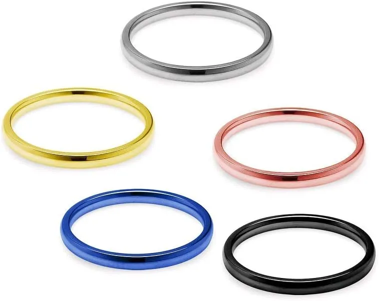 SILVERLINE JEWELRY Stackable 5 Piece Set 2mm Stainless Steel Ring Silver/Rose/Gold/Blue/Black Tone Comfort Fit Wedding Band Sizes 5-12