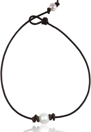 Single Pearl Choker Necklace on Genuine Leather Cord for Women Handmade Choker Jewelry Gift