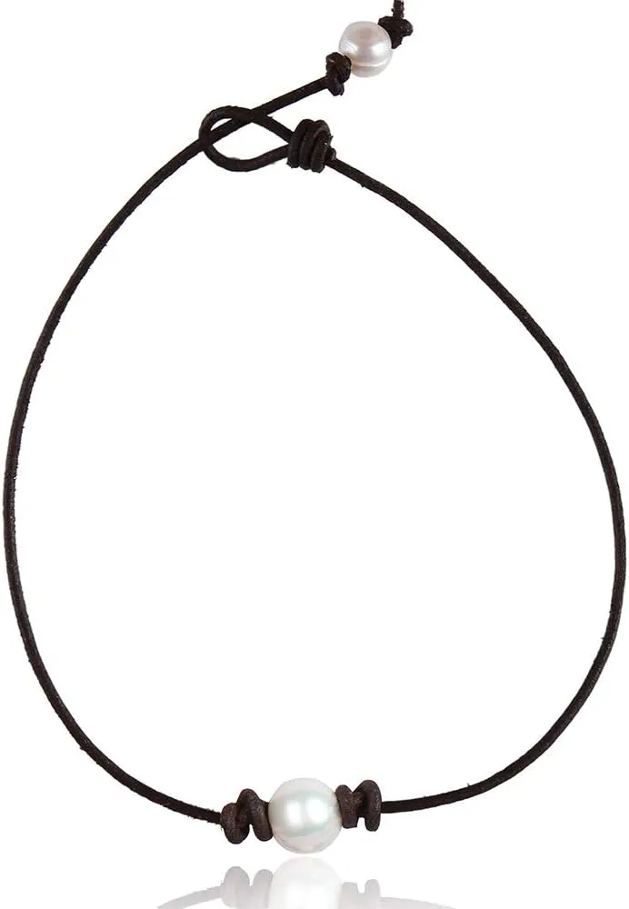 Single Pearl Choker Necklace on Genuine Leather Cord for Women Handmade Choker Jewelry Gift