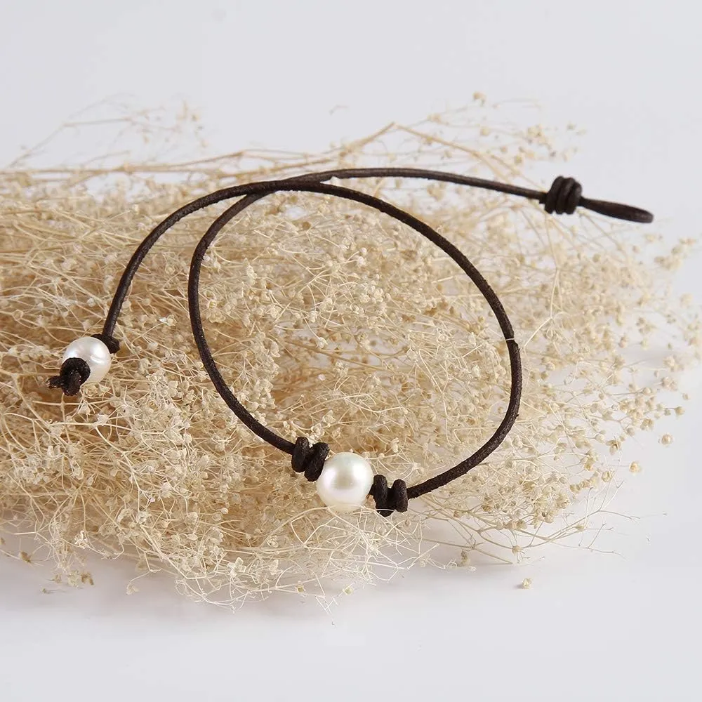 Single Pearl Choker Necklace on Genuine Leather Cord for Women Handmade Choker Jewelry Gift