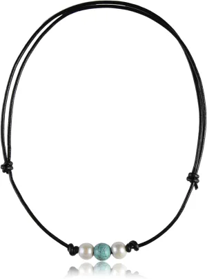 Single Turquoise Choker Necklace on Black Leather Cord for Men/Women