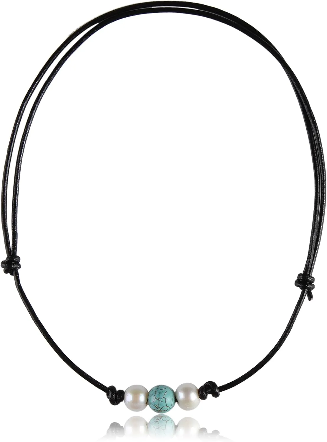Single Turquoise Choker Necklace on Black Leather Cord for Men/Women