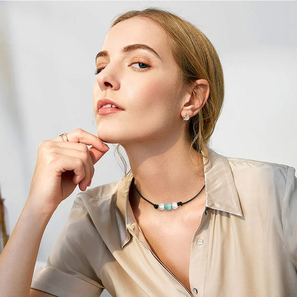 Single Turquoise Choker Necklace on Black Leather Cord for Men/Women