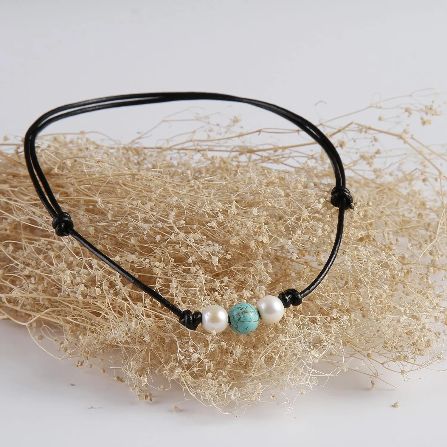 Single Turquoise Choker Necklace on Black Leather Cord for Men/Women