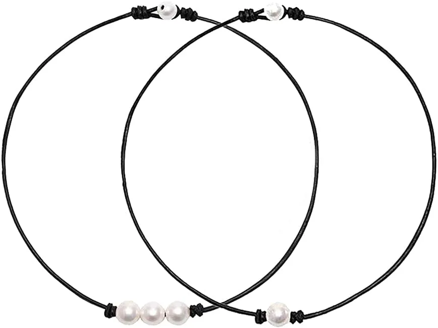 Single White Pearl Choker Necklace with Three Beads Freshwater Pearls Choker Necklace on Genuine Leather Cord Knotted Collarbone Chain Jewelry for Women 2 Pack