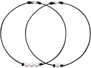 Single White Pearl Choker Necklace with Three Beads Freshwater Pearls Choker Necklace on Genuine Leather Cord Knotted Collarbone Chain Jewelry for Women 2 Pack