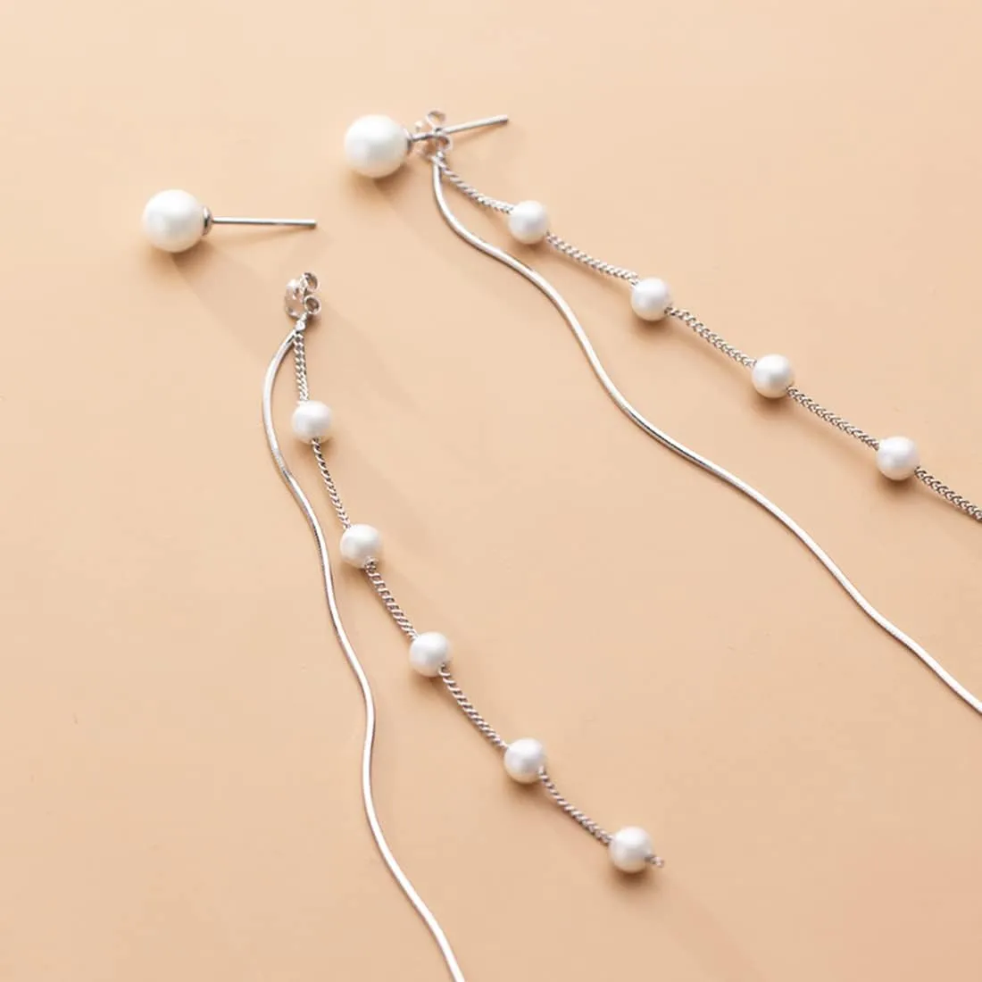 SLUYNZ Solid 925 Sterling Silver Simulated Shell Pearl Dangle Earrings for Women Teens - Elegant Long Chain Tassel Wedding Earrings