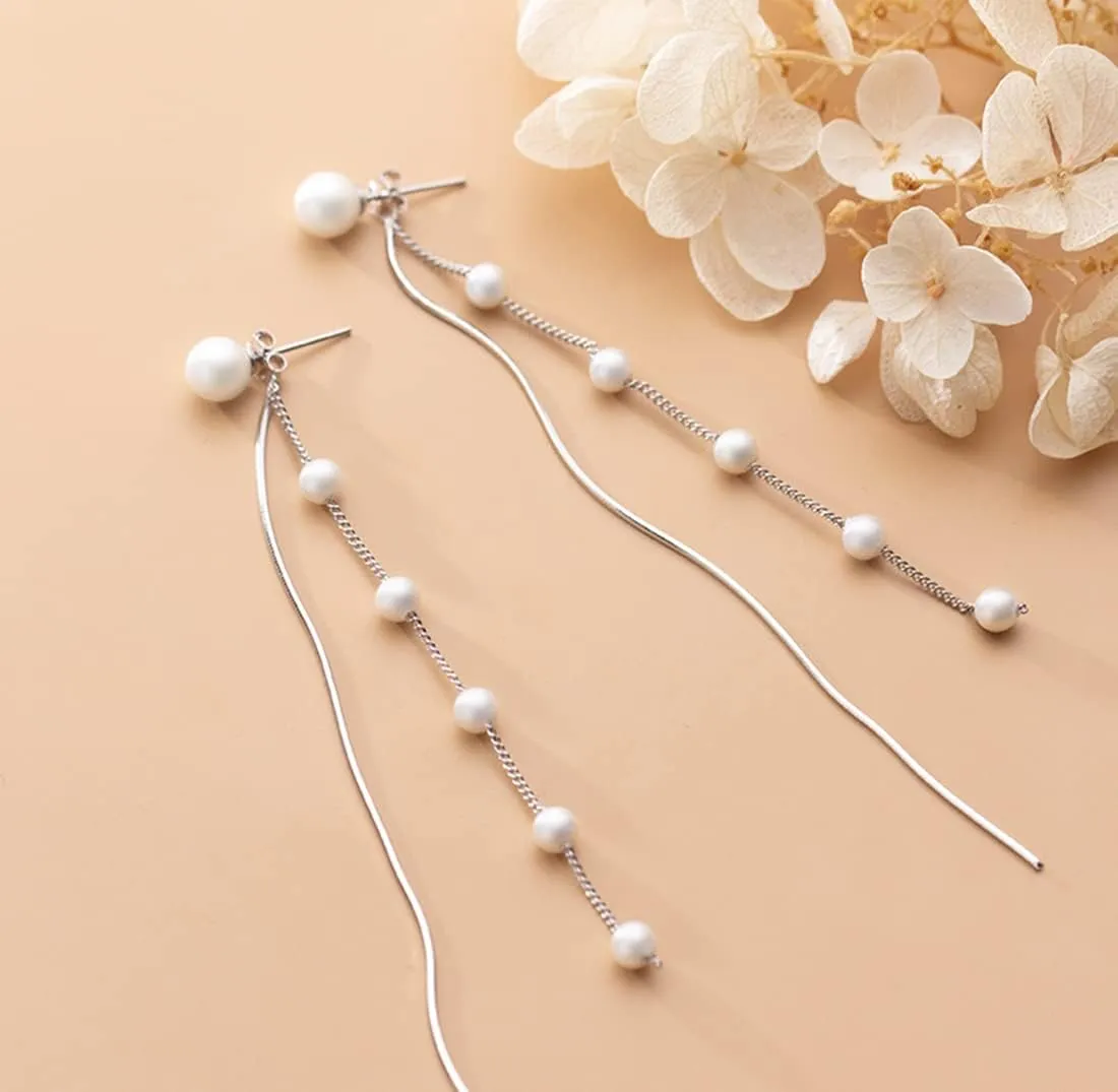 SLUYNZ Solid 925 Sterling Silver Simulated Shell Pearl Dangle Earrings for Women Teens - Elegant Long Chain Tassel Wedding Earrings