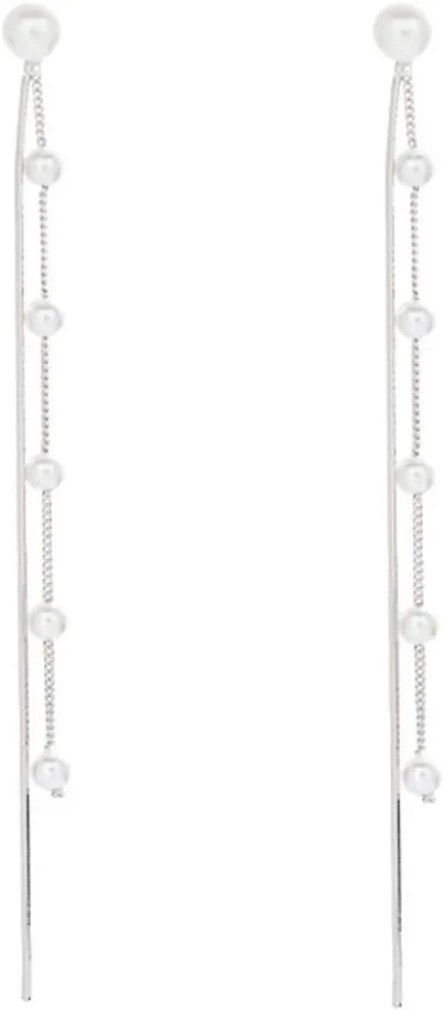 SLUYNZ Solid 925 Sterling Silver Simulated Shell Pearl Dangle Earrings for Women Teens - Elegant Long Chain Tassel Wedding Earrings