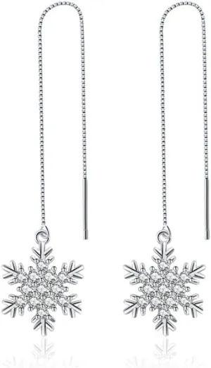 SLUYNZ Sterling Silver Christmas Snowflake Dangle Earrings Chain for Women Teens Snowflake Drop Earrings Threader Winter Earrings