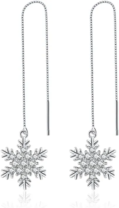 SLUYNZ Sterling Silver Christmas Snowflake Dangle Earrings Chain for Women Teens Snowflake Drop Earrings Threader Winter Earrings