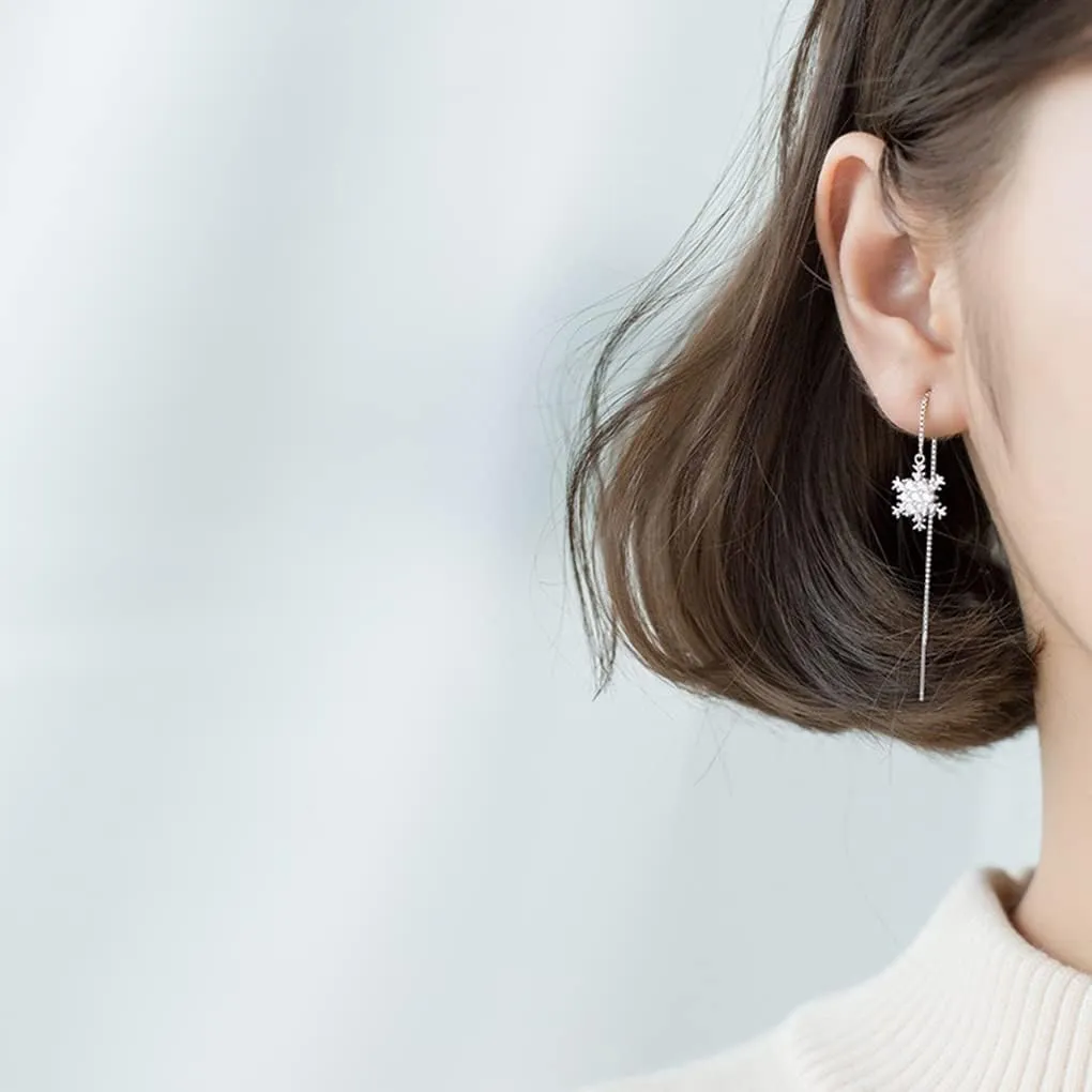 SLUYNZ Sterling Silver Christmas Snowflake Dangle Earrings Chain for Women Teens Snowflake Drop Earrings Threader Winter Earrings