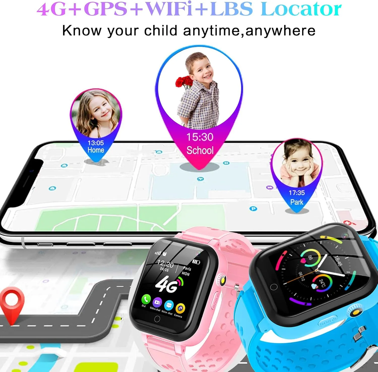 Smart Watch for Kids, 4G Kids Phone Smartwatch with GPS Tracker, WiFi SMS, Call, Voice Video Chat, Bluetooth, Audio Recording, Alarm, Pedometer, Wrist Watch for 4-16 Boys Girls Birthday Gifts