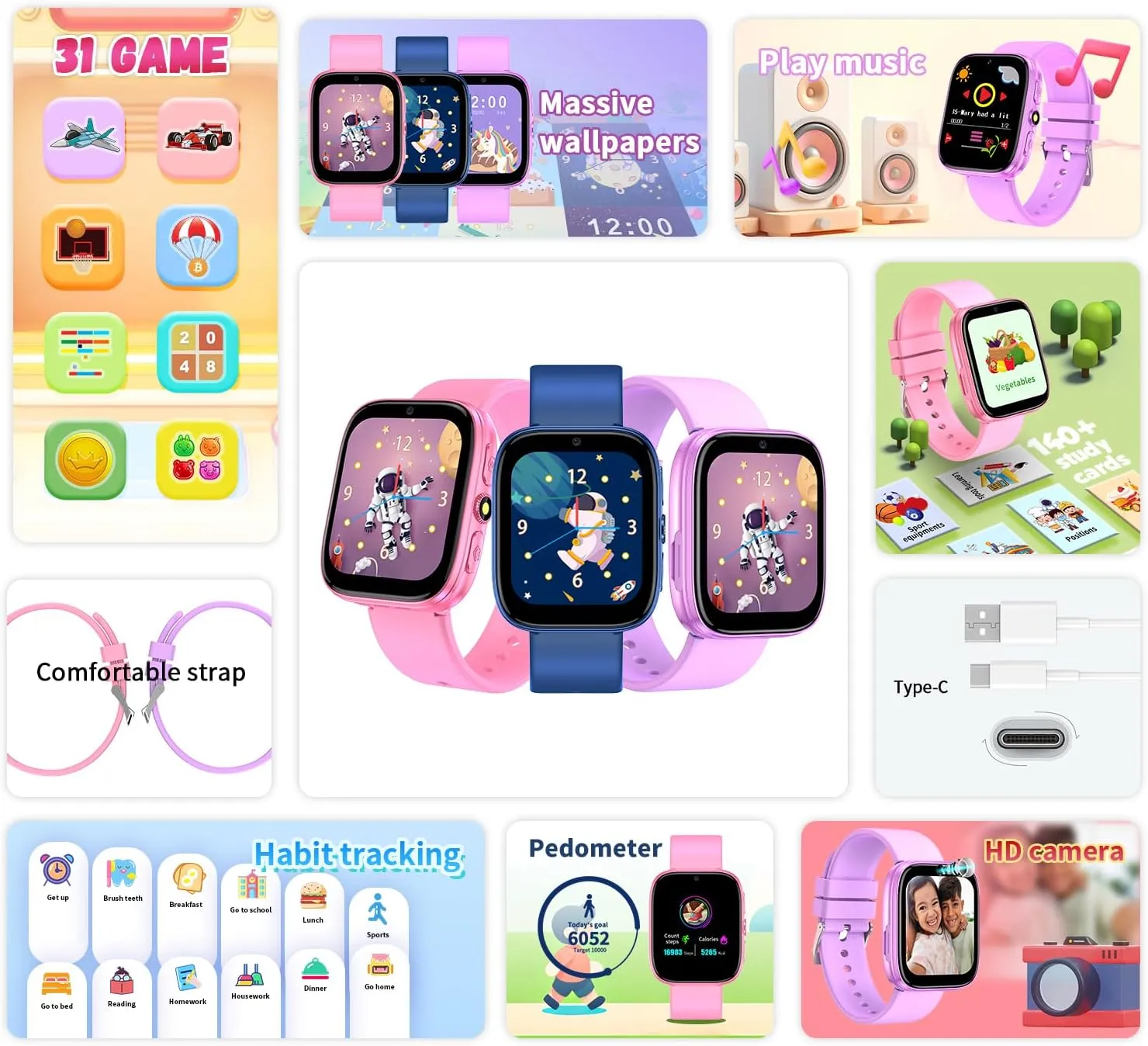Smart Watch for Kids Girls Boys - 1.54" Touch Screen Watch with Camera, 31 Games, Music, Pedometer, Flashlight, Alarm Clock,Learning Cards, Storybook, Metal Case Gift for Children Age 4-10 (Purple)