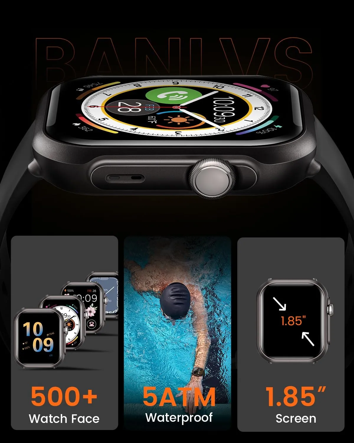 Smart Watches for Men Fitness Tracker: 1.85" Smart watch with 1000 mAh 100 Day Battery Life Make/Recive Call Heart Rate Blood Pressure SpO2 Sleep Monitor 120  Sport Mode 5ATM for iPhone Android Phones