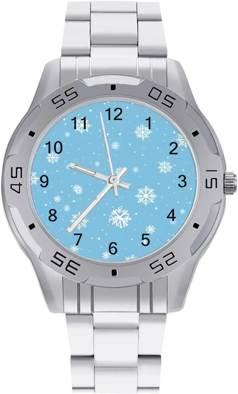 Snowflake Blue White Dots Classic Wrist Watches for Men Casual Business Dress Watch with Stainless Steel Band Work Party