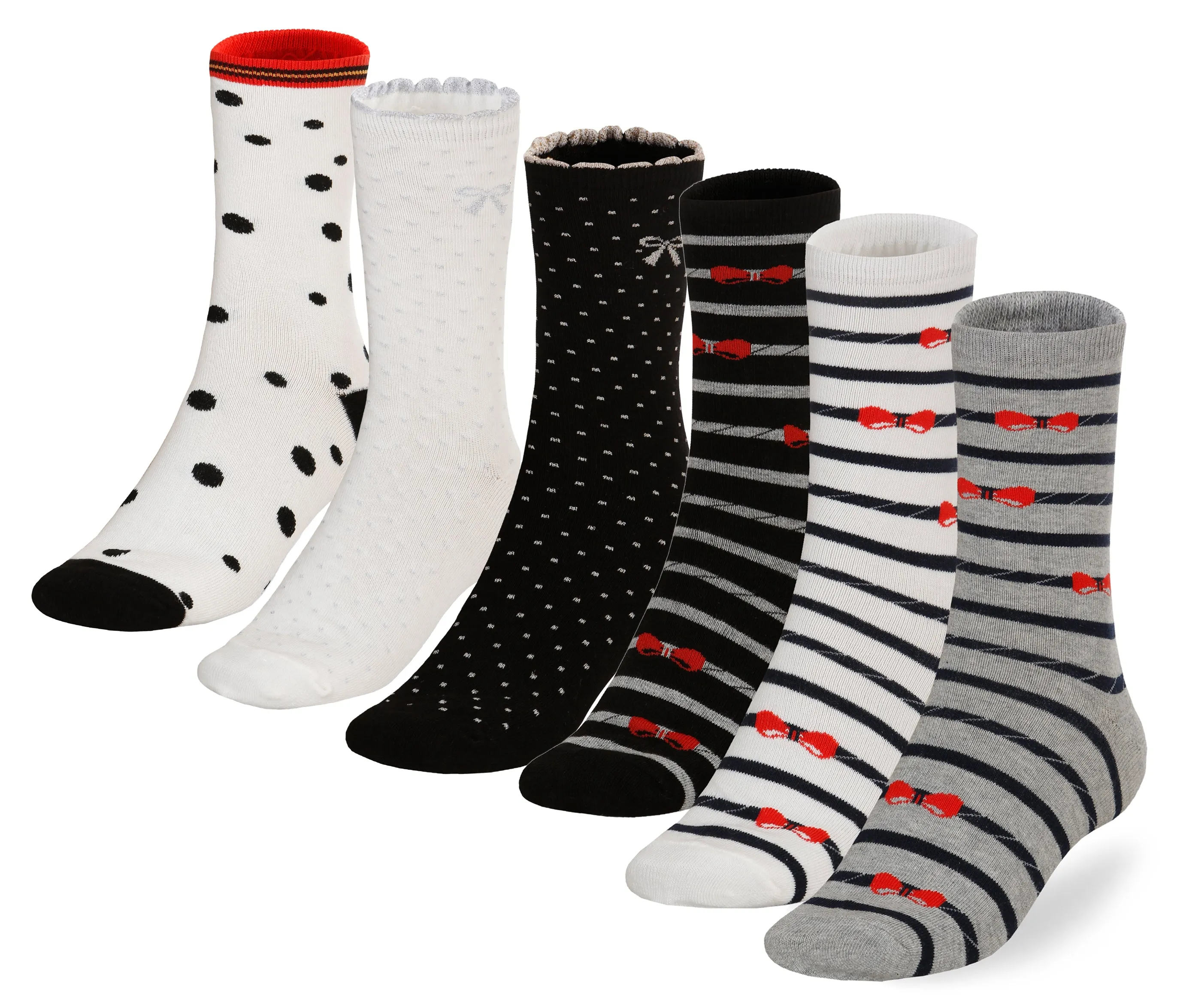 Socksmile Women's Ladies Value Cotton  Crew Socks 6-pack (dot & ribbon) ( WSS0122547_6C07)