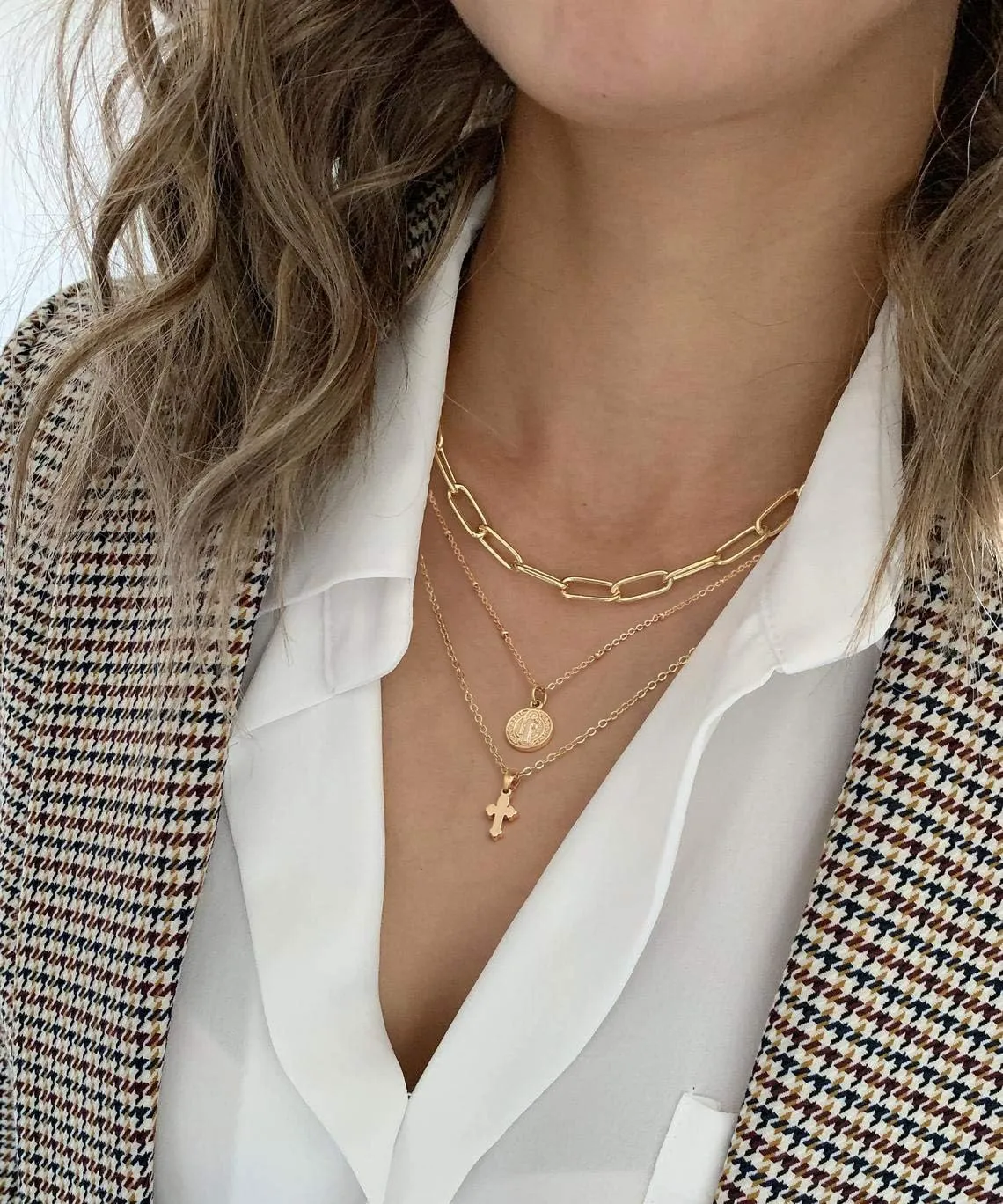 SOFYBJA Dainty 18k Gold Layered Statement Choker Necklaces for Women Tiny Cute Lock Key Pendant Personalized Double Layering Chain Necklaces