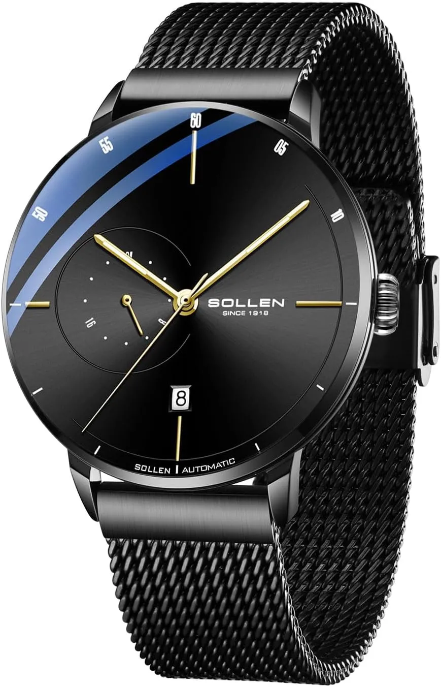 SOLLEN Men's Automatic Watch, Original Mechanical Movement - 3ATM Water Resistant - Luminous Hands -Calendar and 24-Hour Display, Minimalist Self-Winding Men's Wrist Watches, Gifts for Men