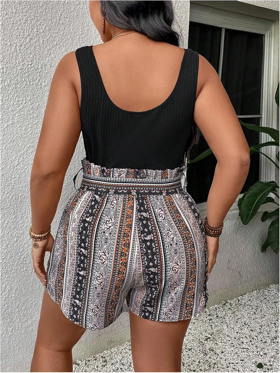 SOLY HUX Women's Plus Size Tribal Print Short Jumpsuit Notch V Neck Sleeveless Boho Rompers with Belt