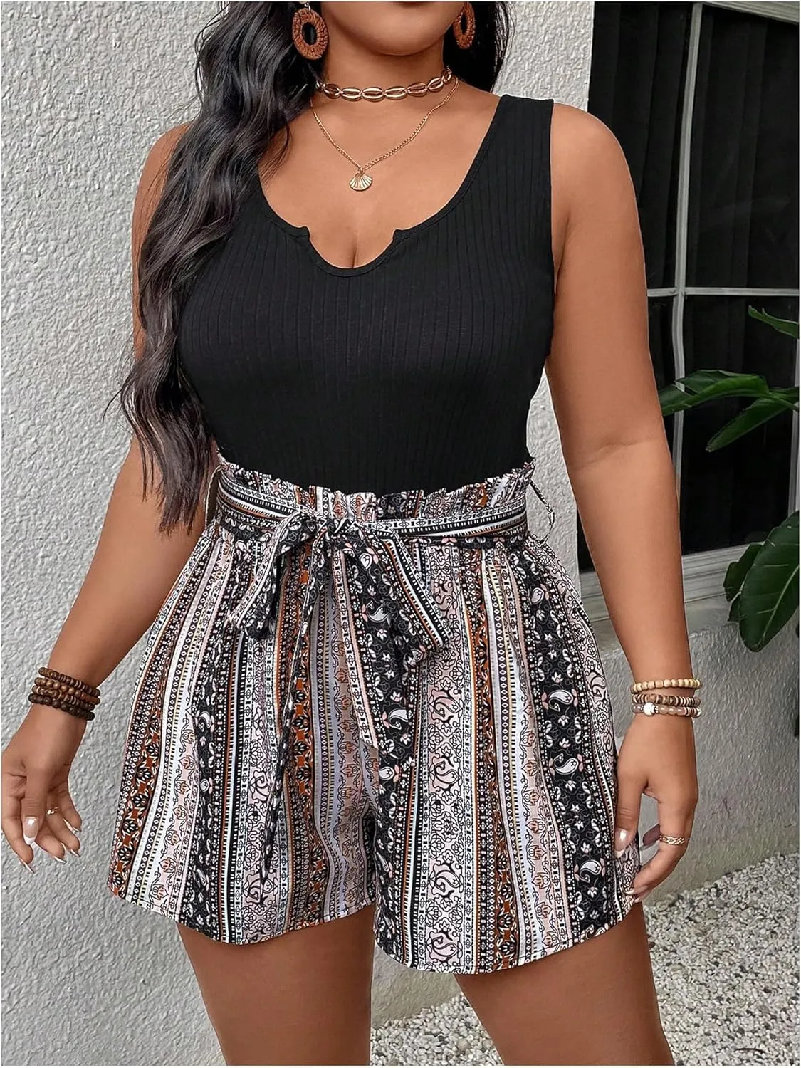 SOLY HUX Women's Plus Size Tribal Print Short Jumpsuit Notch V Neck Sleeveless Boho Rompers with Belt
