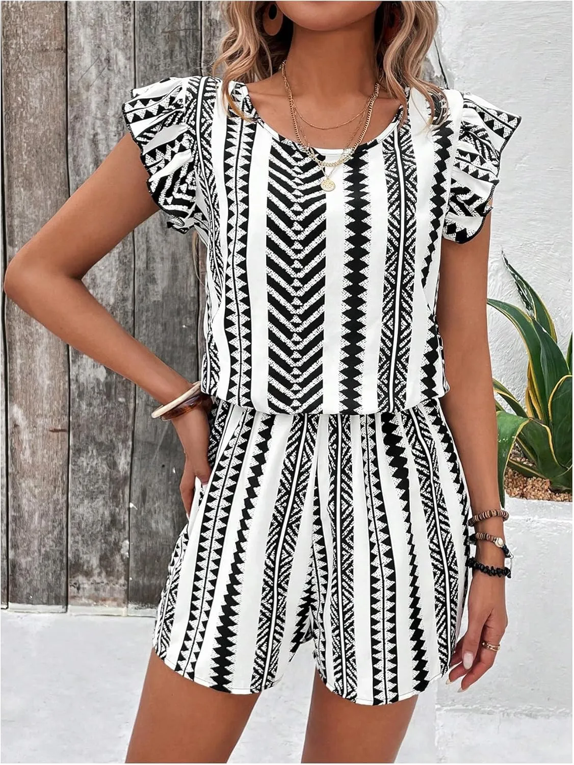 SOLY HUX Women's Summer Jumpsuits Ruffle Sleeve High Waisted Boho Rompers Beach Vacation Clothes