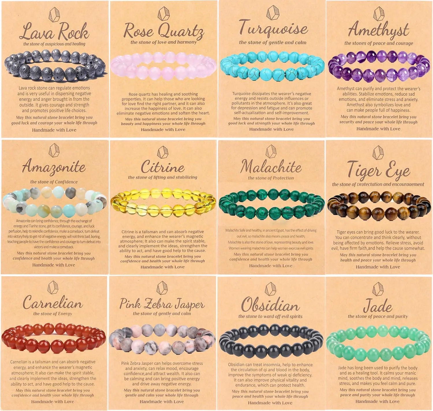 SONNYX 12 Pcs Crystal Stone Bracelets for Women Men Semi-Precious Gemstone Bracelets 8mm Stone Beaded Bracelets Round Beads Stretch Bracelet Jewelry
