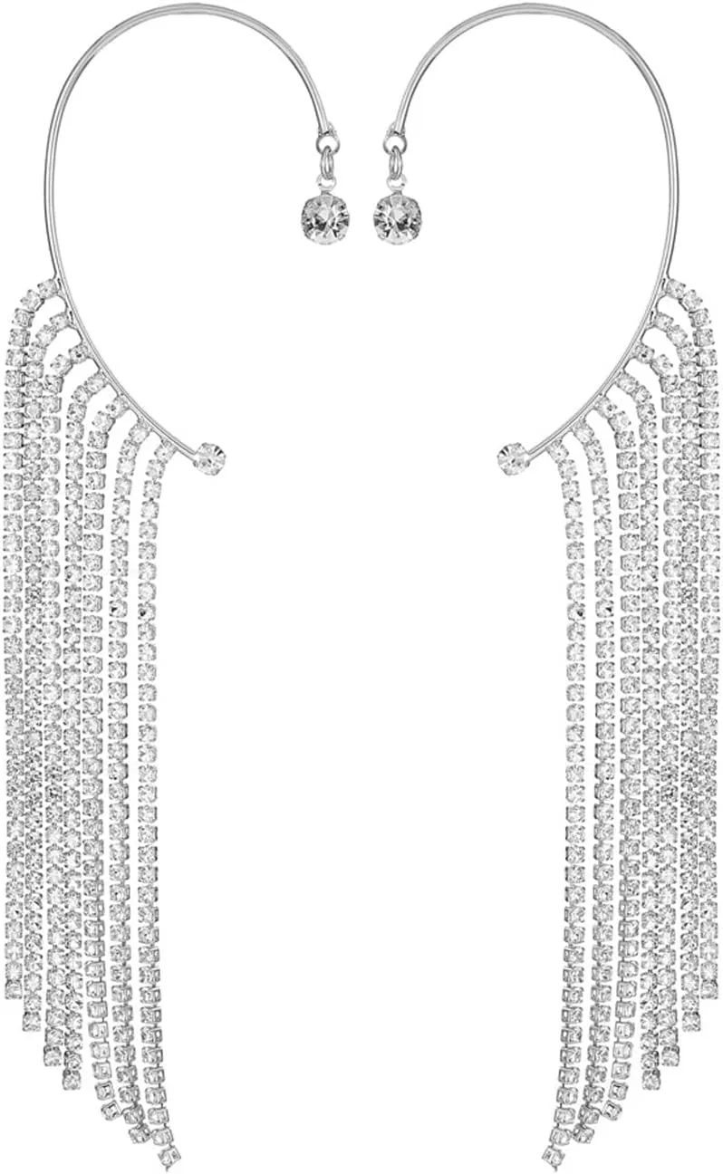 Sparkling Crystal Tassel Earrings Long Tassel Ear Cuff Dangle Chain Earrings Ear Crawler Earrings No piercing Earrings Dangle Ear Cuff Earrings Jewelry