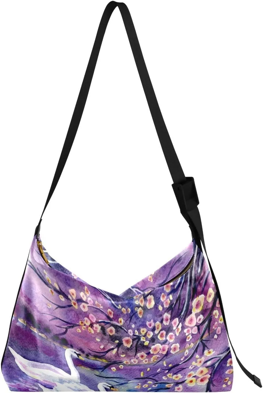 Spring Landscape Swan Hobo Crossbody Bags for Women Leather Large Shoulder Bag Cross Body Blossoming Cherry Lake Trendy Womens Tote Bags Handbag for Travel Shopping