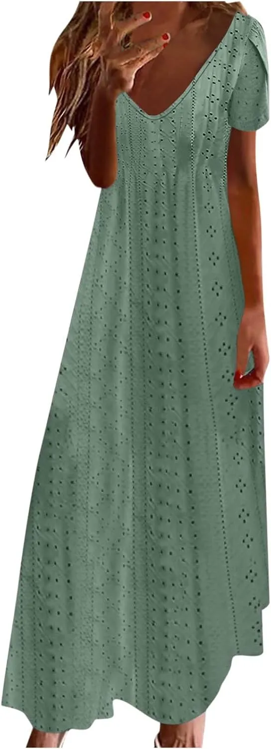 Spring Maxi Dresses for Women 2025 Summer Casual Petal Sleeve Eyelet Dress Fashion Trendy Loose Swing Flowy Long Dress