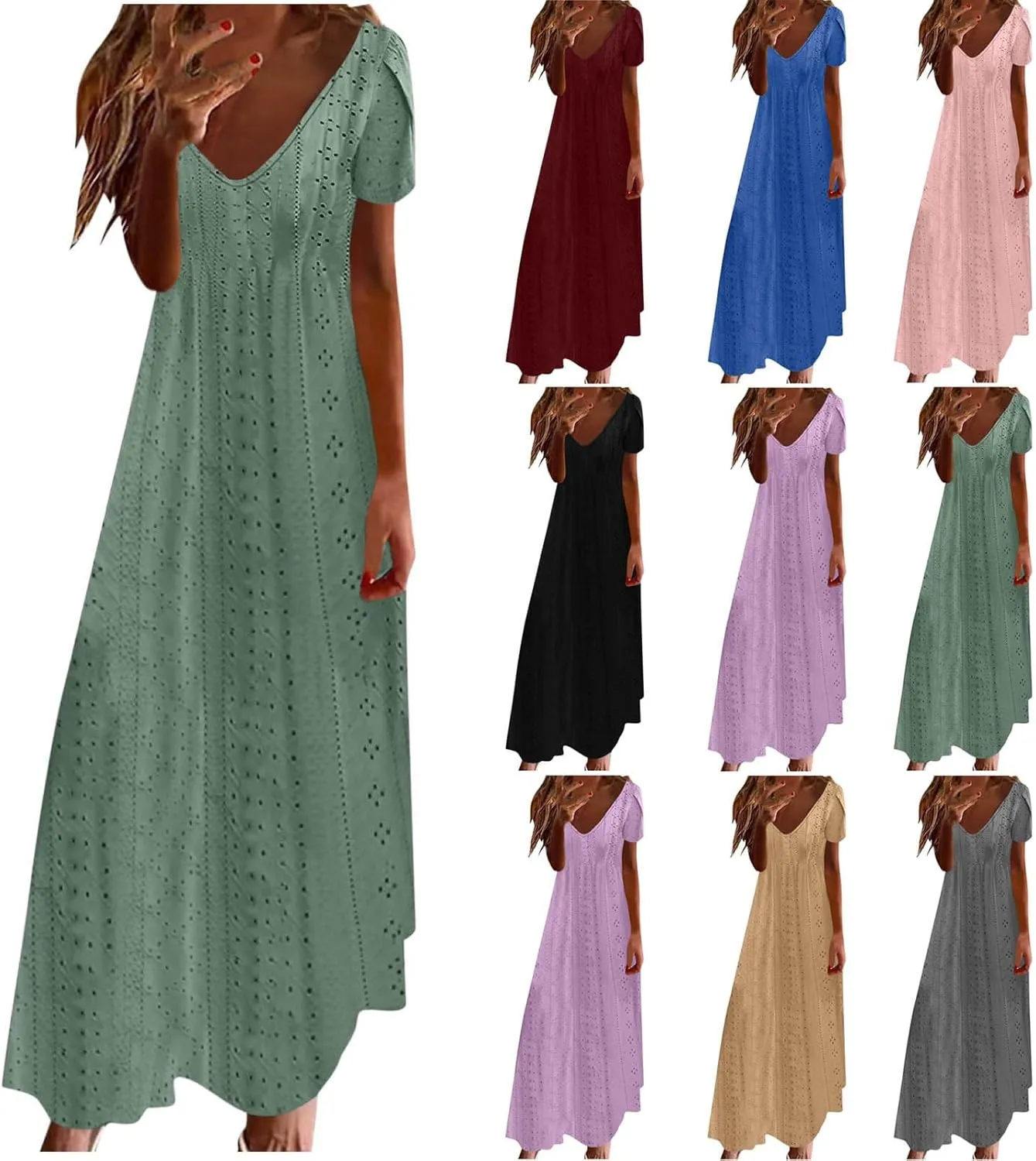 Spring Maxi Dresses for Women 2025 Summer Casual Petal Sleeve Eyelet Dress Fashion Trendy Loose Swing Flowy Long Dress