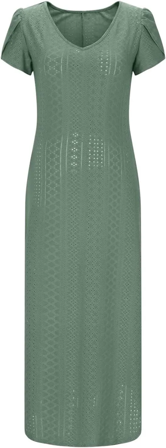 Spring Maxi Dresses for Women 2025 Summer Casual Petal Sleeve Eyelet Dress Fashion Trendy Loose Swing Flowy Long Dress