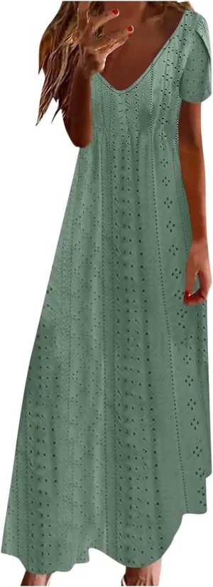 Spring Maxi Dresses for Women 2025 Summer Casual Petal Sleeve Eyelet Dress Fashion Trendy Loose Swing Flowy Long Dress