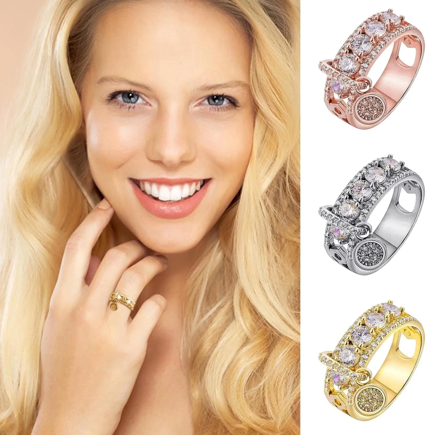 Stackable Rings for Women,Engagement Wedding Bands Vintage Gold Plated Cubic Zirconia Statement Rings with Round Pendant