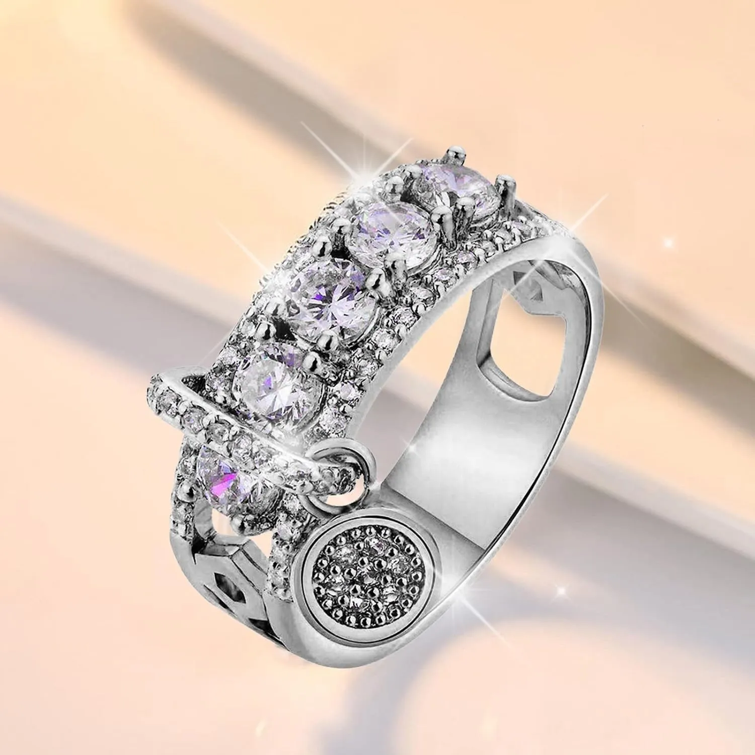 Stackable Rings for Women,Engagement Wedding Bands Vintage Gold Plated Cubic Zirconia Statement Rings with Round Pendant