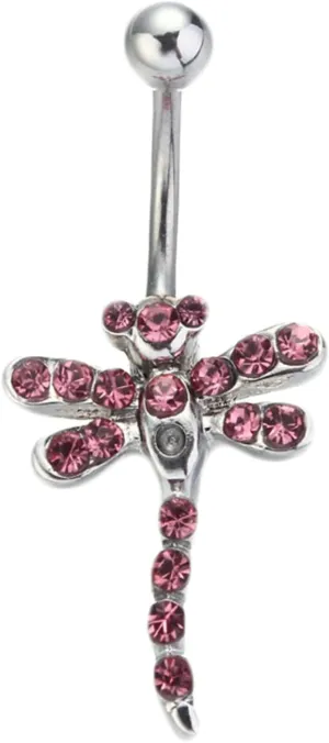 Stainless Steel Navel Rings for Women, CZ Navel Rings for Women Hoop Dragonfly Shape Pink Belly Rings