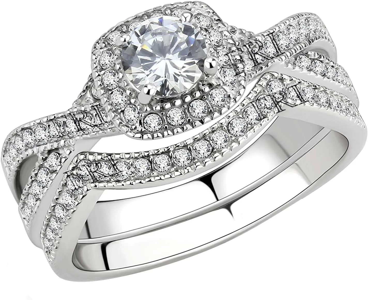 Stainless Steel Rings for Women Infinity Wedding Set Round CZ Cubic Zirconia Halo Engagement Bridal Jewelry Set