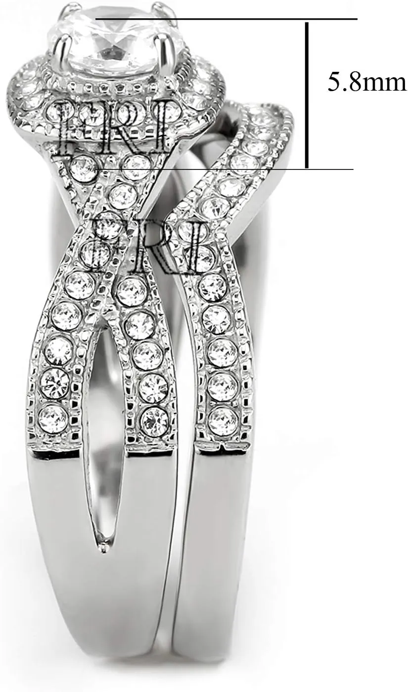 Stainless Steel Rings for Women Infinity Wedding Set Round CZ Cubic Zirconia Halo Engagement Bridal Jewelry Set