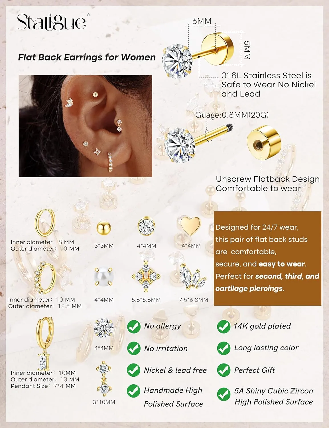 Staligue Tiny Hypoallergenic Surgical Steel Earrings for Women Men 14K Gold Plated Flat Back Stud Earrings for Sensitive Ears 20G Gold Flatback Stud Hoop Cartilage Earring Set for Multiple Piercing