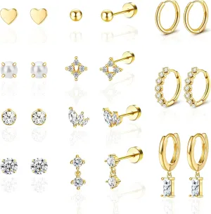 Staligue Tiny Hypoallergenic Surgical Steel Earrings for Women Men 14K Gold Plated Flat Back Stud Earrings for Sensitive Ears 20G Gold Flatback Stud Hoop Cartilage Earring Set for Multiple Piercing