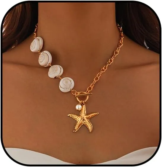 Starfish Seashell Necklaces for Women Sea Shell Necklaces Starfish Pendant Necklace Boho Sea Shell Conch Choker Necklace Beach Holiday Jewelry