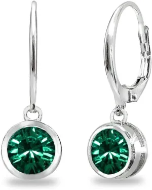 Sterling Silver 6mm Round Bezel European Crystal Dangle Leverback Earrings for Women Bridesmaids