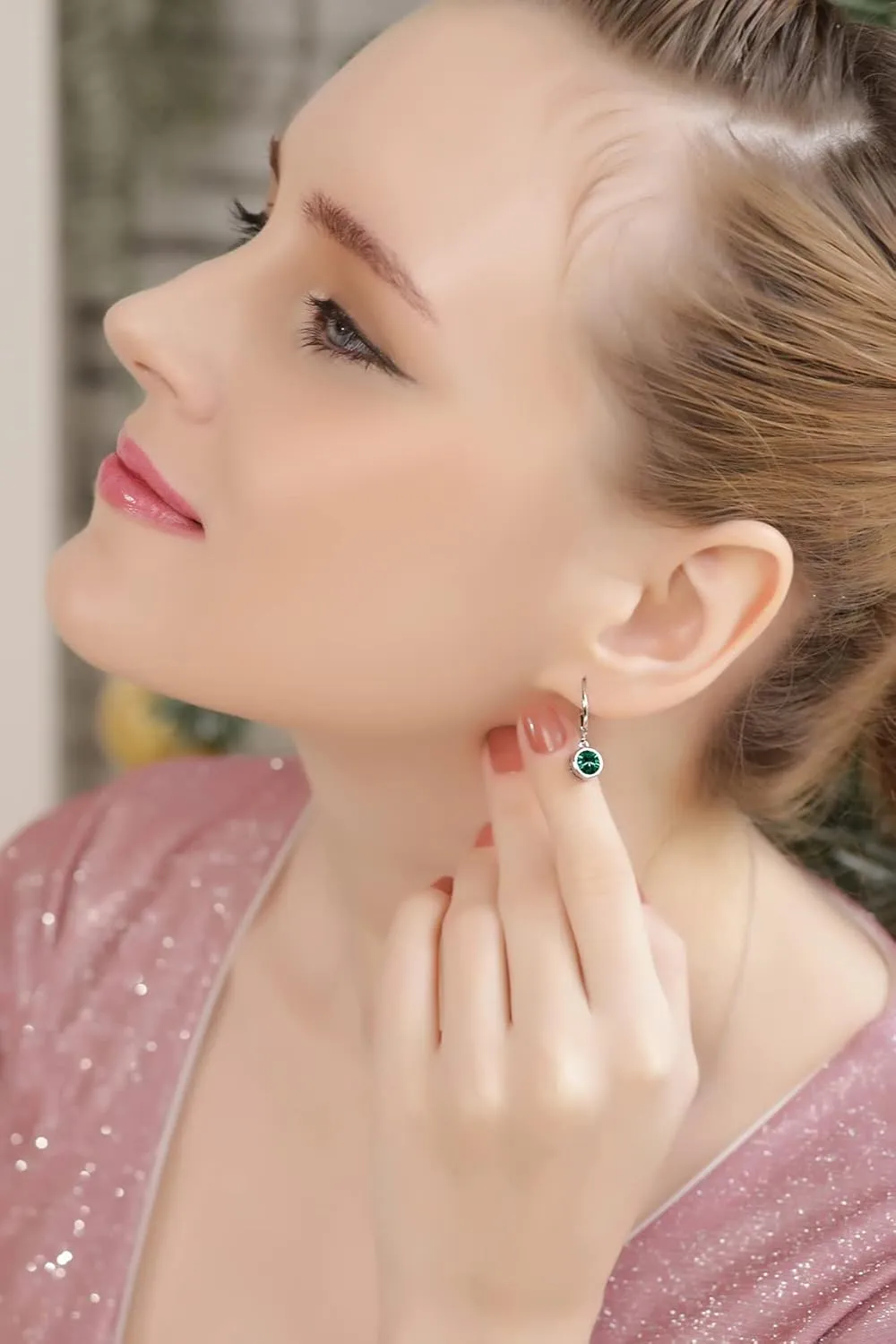 Sterling Silver 6mm Round Bezel European Crystal Dangle Leverback Earrings for Women Bridesmaids