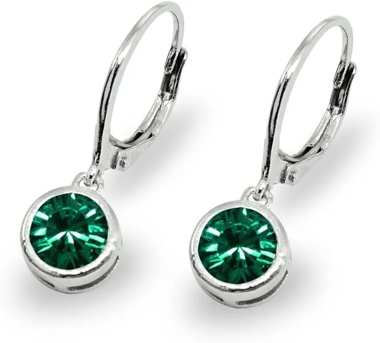Sterling Silver 6mm Round Bezel European Crystal Dangle Leverback Earrings for Women Bridesmaids